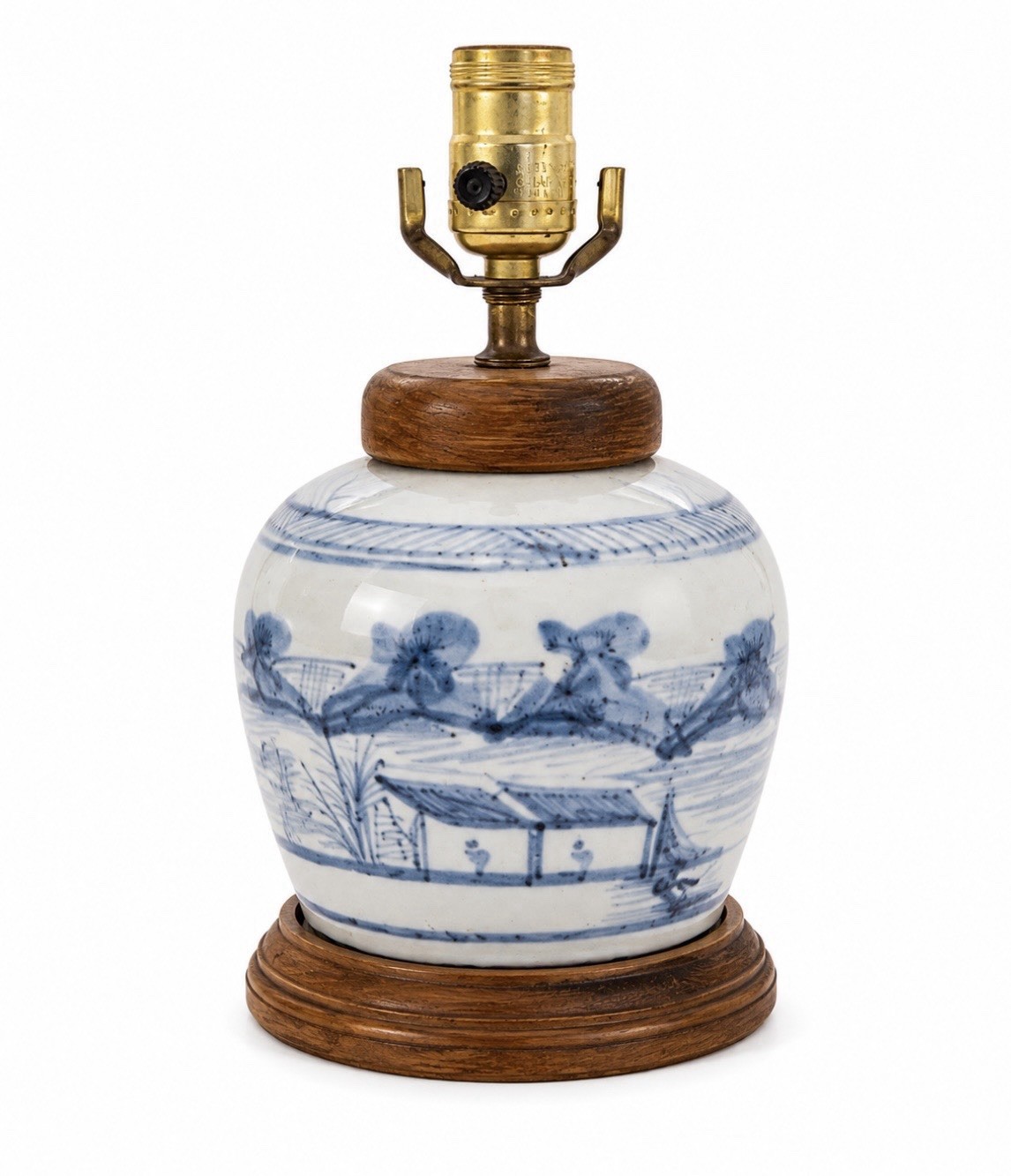 Antique Soft Blue & White Canton Chinese Ginger Jar Converted Lamp Wood Fittings