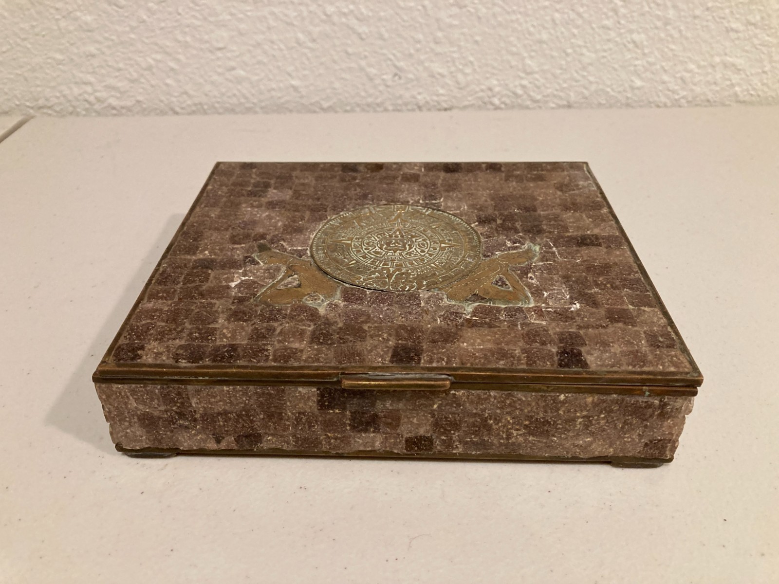 Vintage Mexican Aztec Sun Stone Brass Mosaic Trinket Box