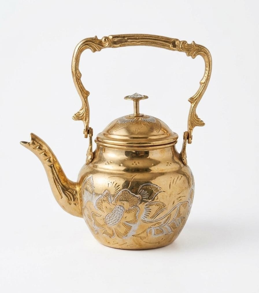 Handcrafted Brass Teapot, Ornate Floral Engraved Gold Kettle, Silver Accents