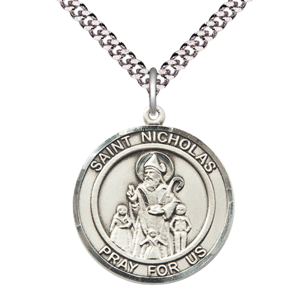 Pewter Saint St Nicholas Holy Medal Pendant Necklace 24