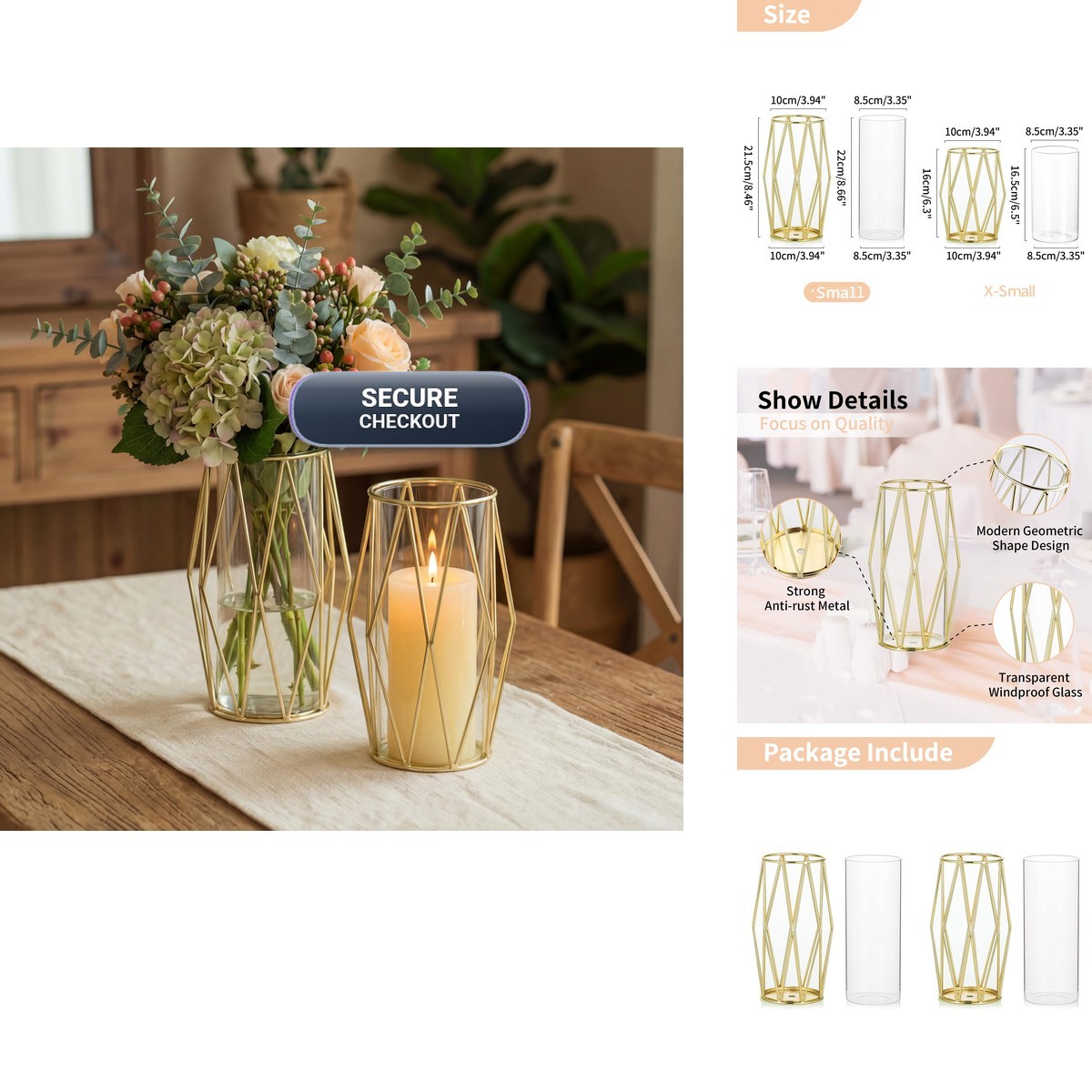 NUPTIO Gold Geometric Hurricane Glass Candle Holders, Set of 2