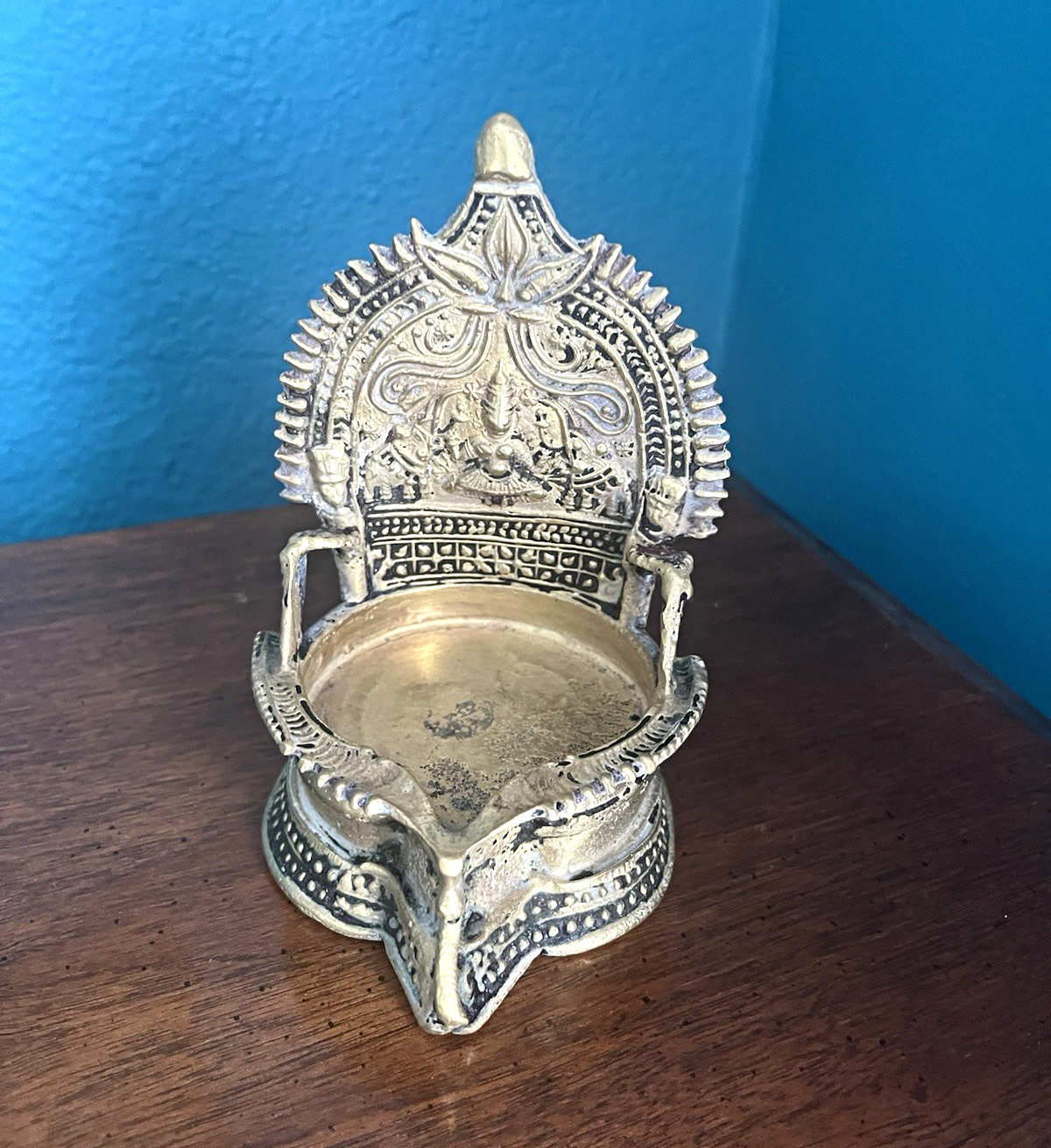 Ornate Brass Hindu Diya Oil Lamp with Backplate, Ganesha Motif