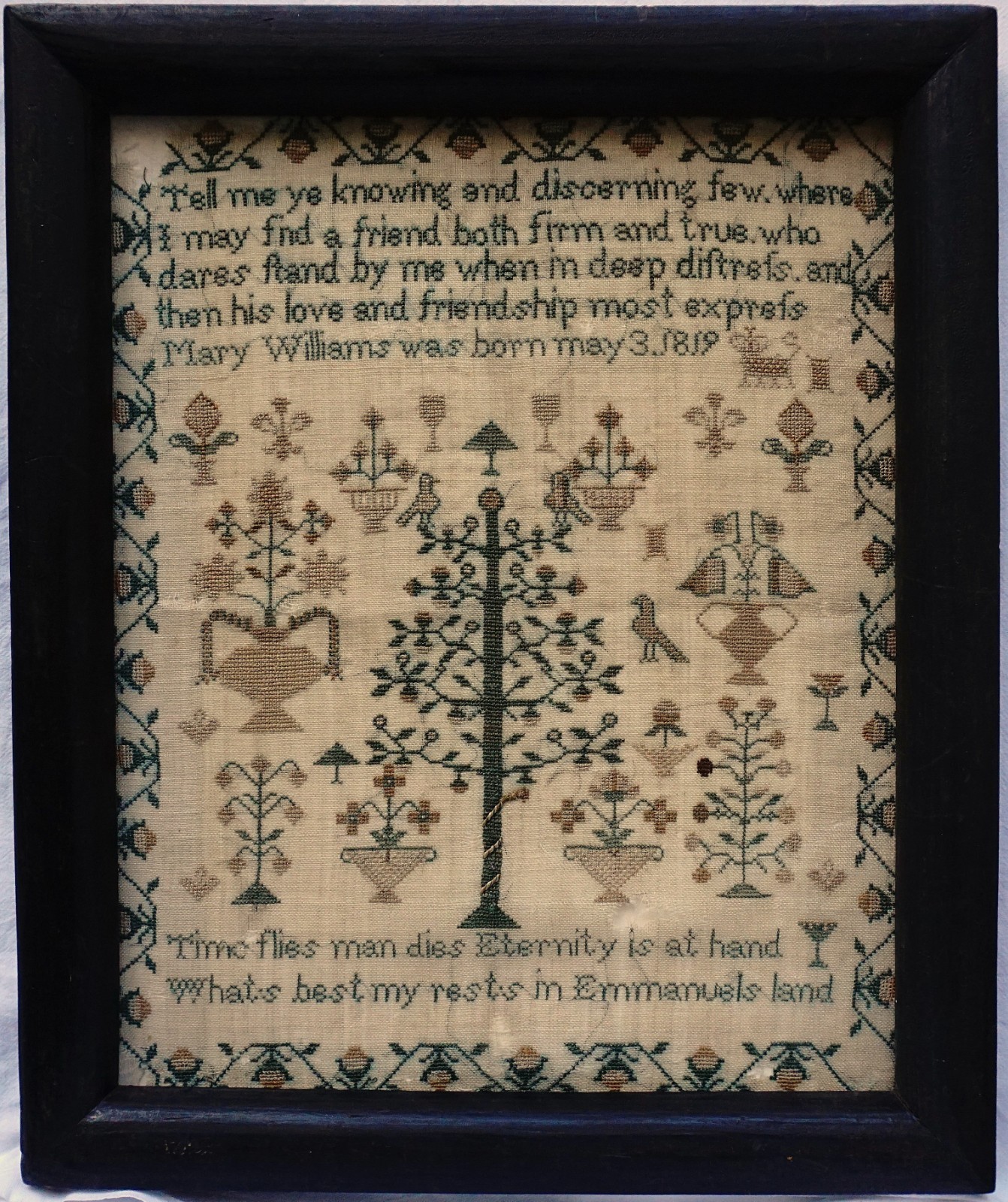 EARLY 19TH CENTURY TREE OF LIFE, MOTIF & VERSE SAMPLER BY MARY WILLIAMS - c.1830