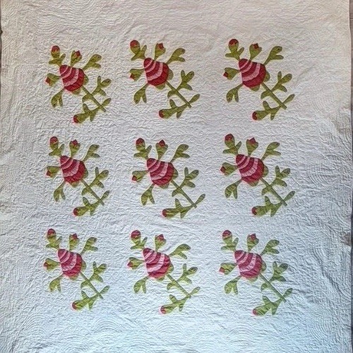Antique 19th C Strawberry Variant Applique Quilt Turkey Red Green 10 SPI