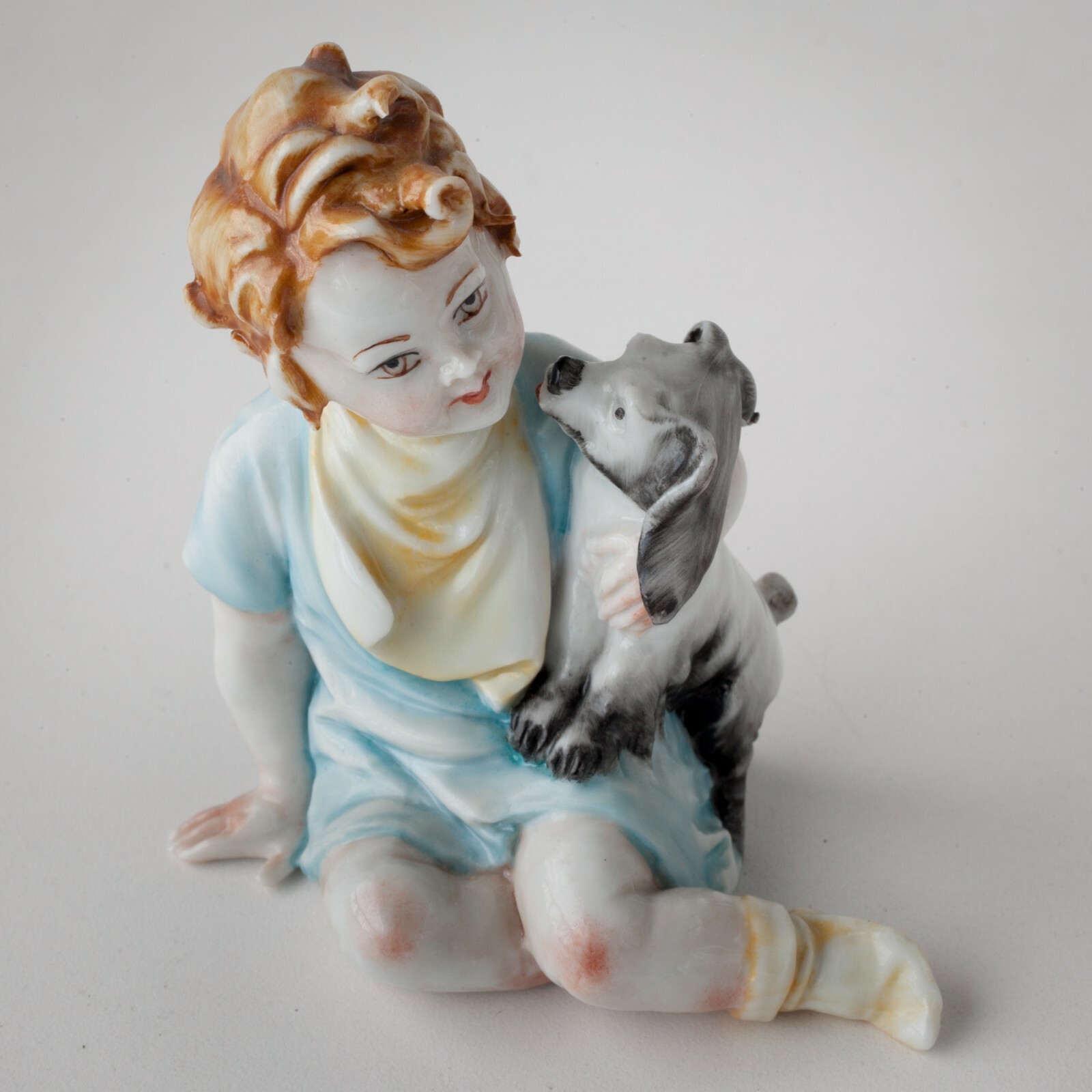 Vintage Tiche Porcelain Figure Boy w/ Dog, Signed By Galletti