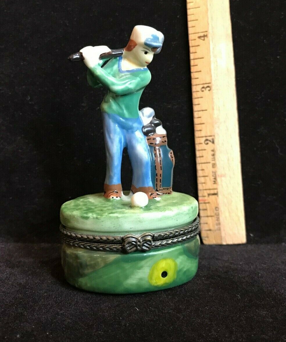 Vintage Golfer Teeing Off Trinket Box ~ Mini Tee & Golf Shoes Inside~3.5 \
