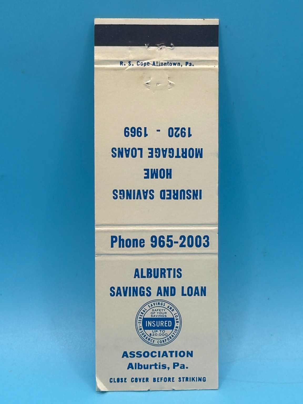 Vintage Alburtis Savings & Loan Matchbook R. S. Cope Allentown PA Advertising