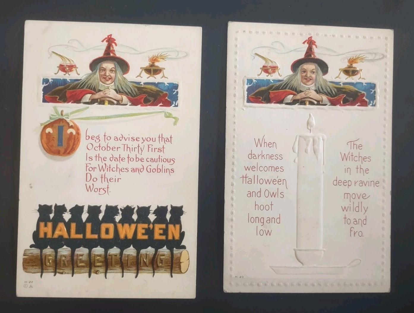 2 E. Nash Halloween Postcards Series H-22 H -23 Same Witch & Cauldrons At Top