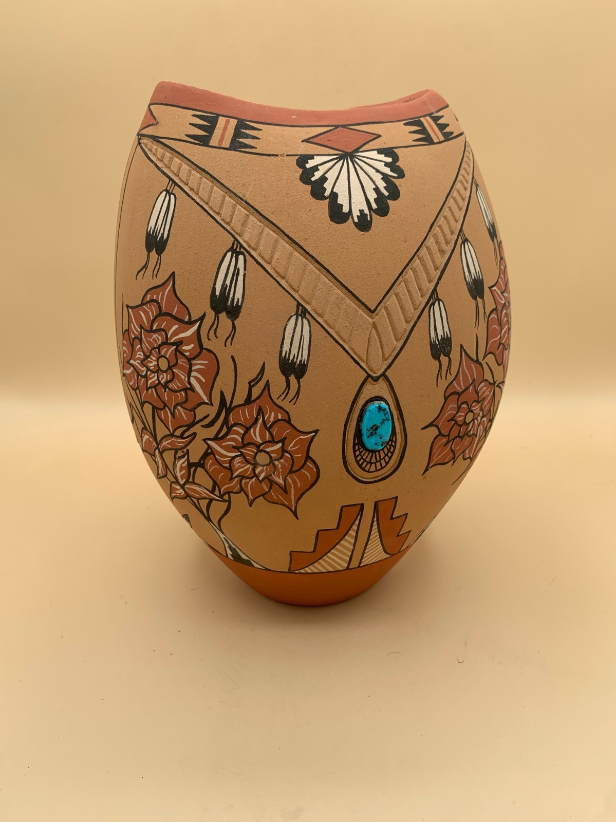 Vintage Signed Clemente Toledo Hand Painted Vase with Embedded Ornate Turquoise