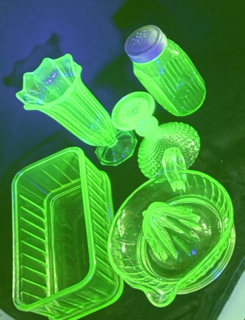 Vtg Green Uranium Glass Lot of 5 Glows Candlestick Juicer Vase Refrig Dish Shake