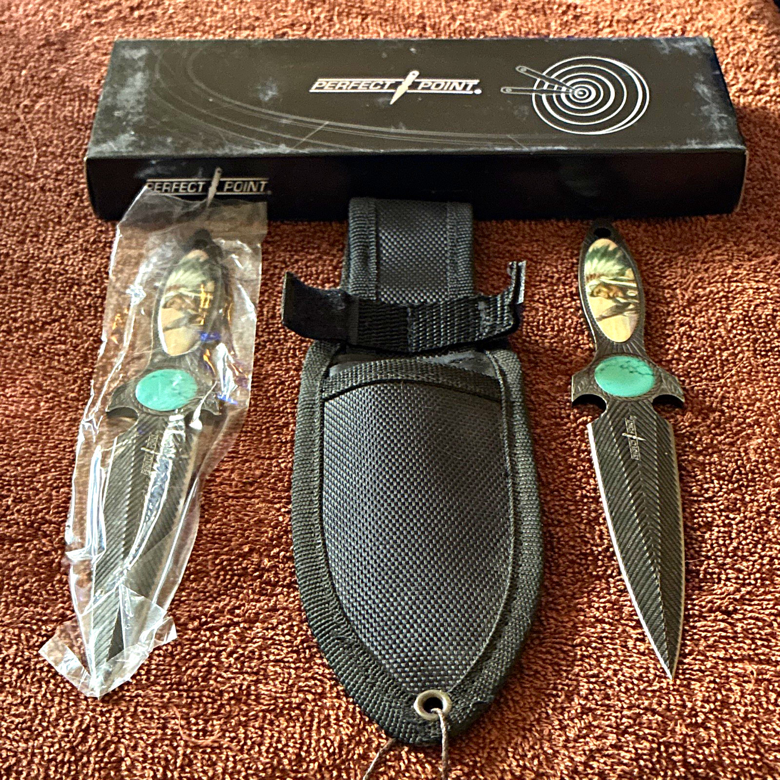 Perfect Point 2pc Throwing Knife Set Black Stainless Spear Point, Sheath
