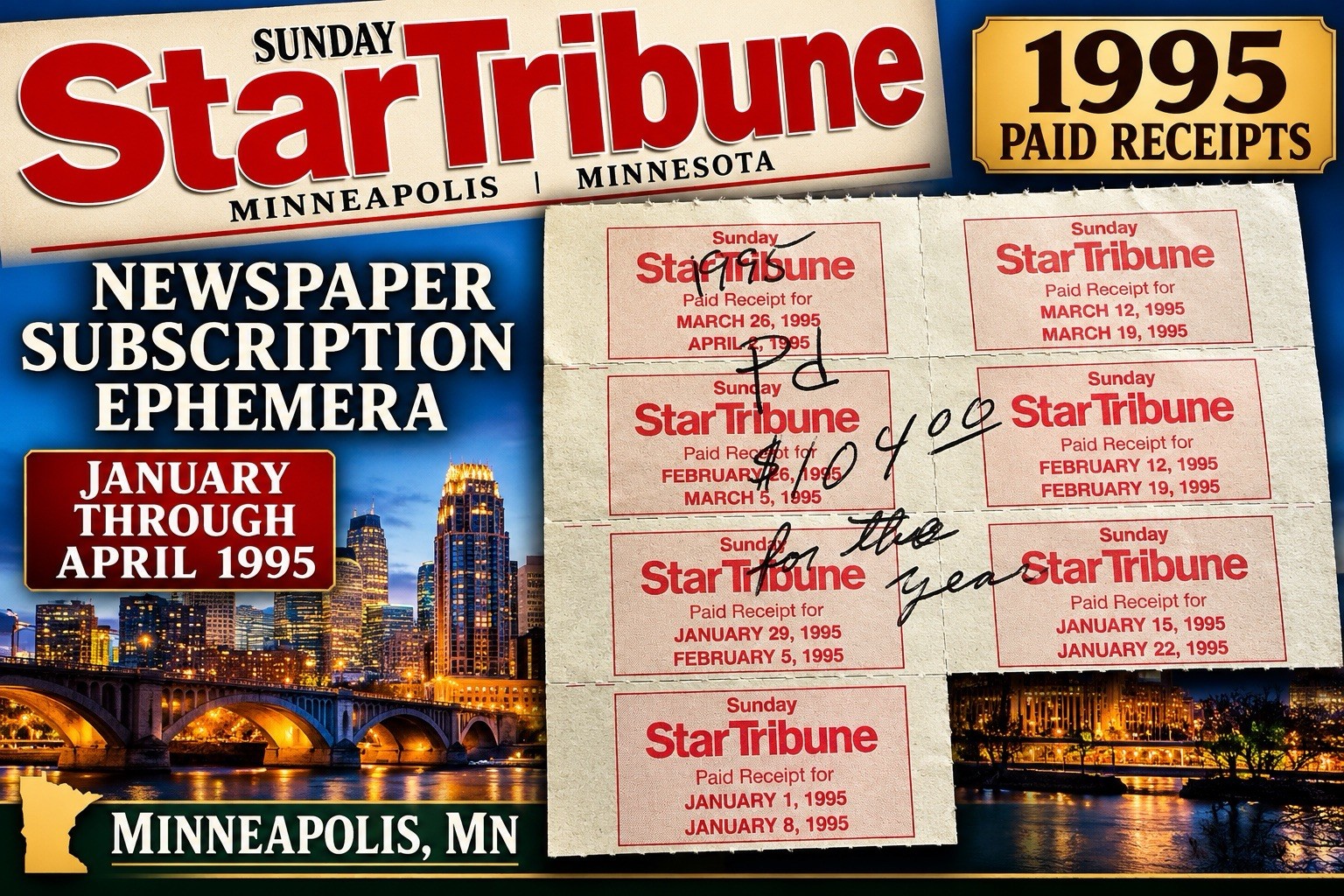 VTG 1995 Sunday Star Tribune Paid Newspaper Receipts Lot Feb March Minneapolis