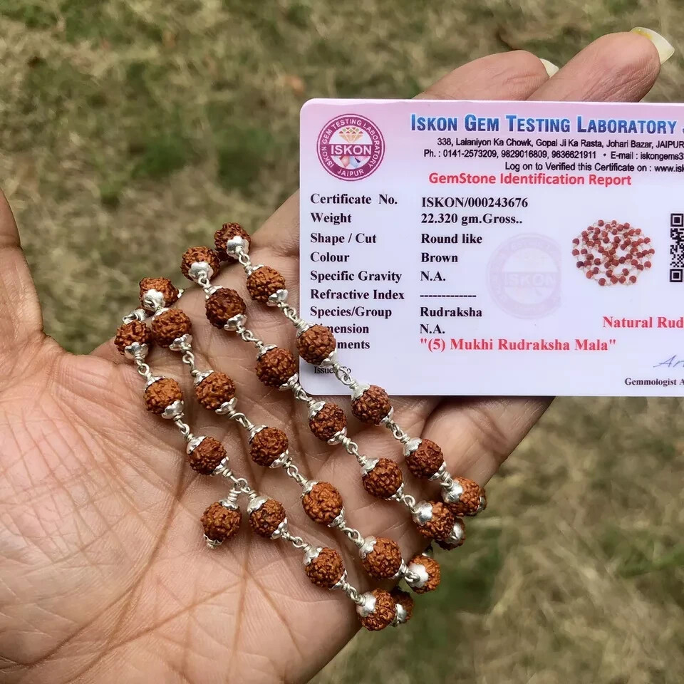 925 Silver + Natural 5 Mukhi RUDRAKSHA Mala ROSARY 54+1 Beads, LAB CERTIFIED