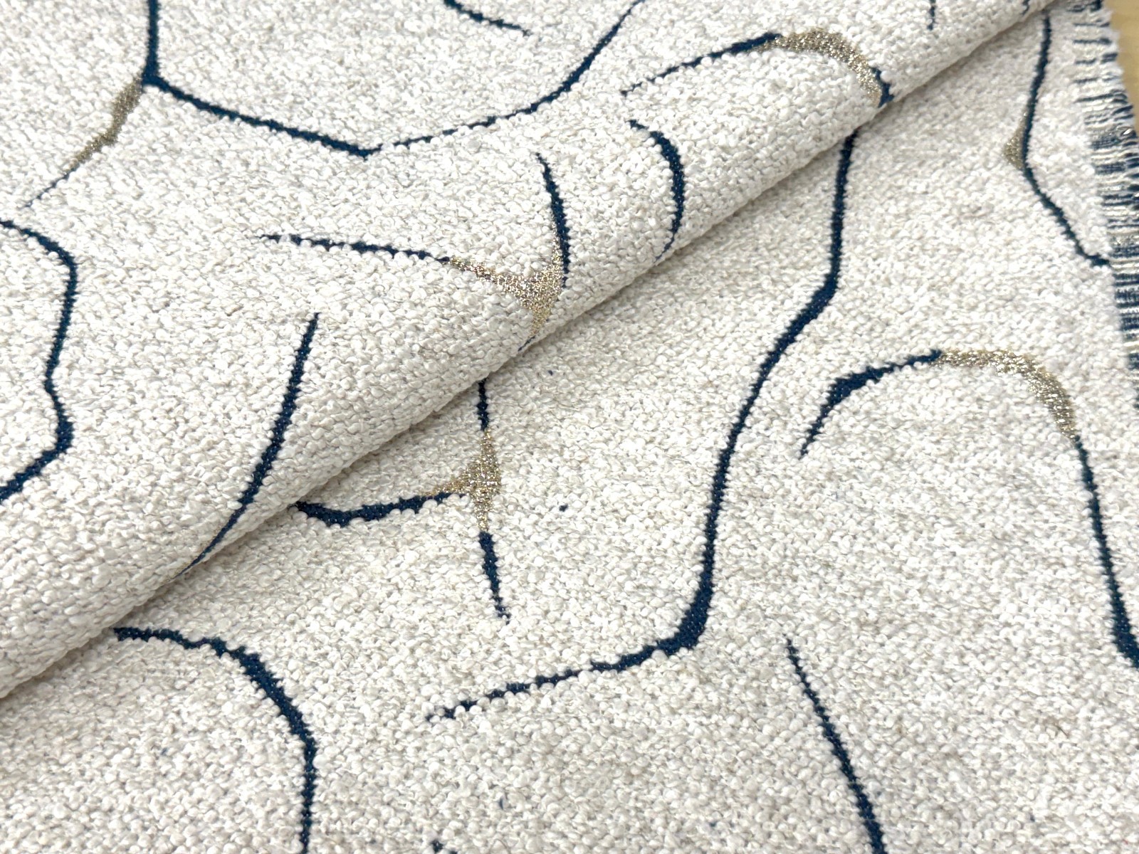 7.8+ yd Stroheim Orla Galaxy Blue & Gold on Cream Modern Geometric Boucle Fabric
