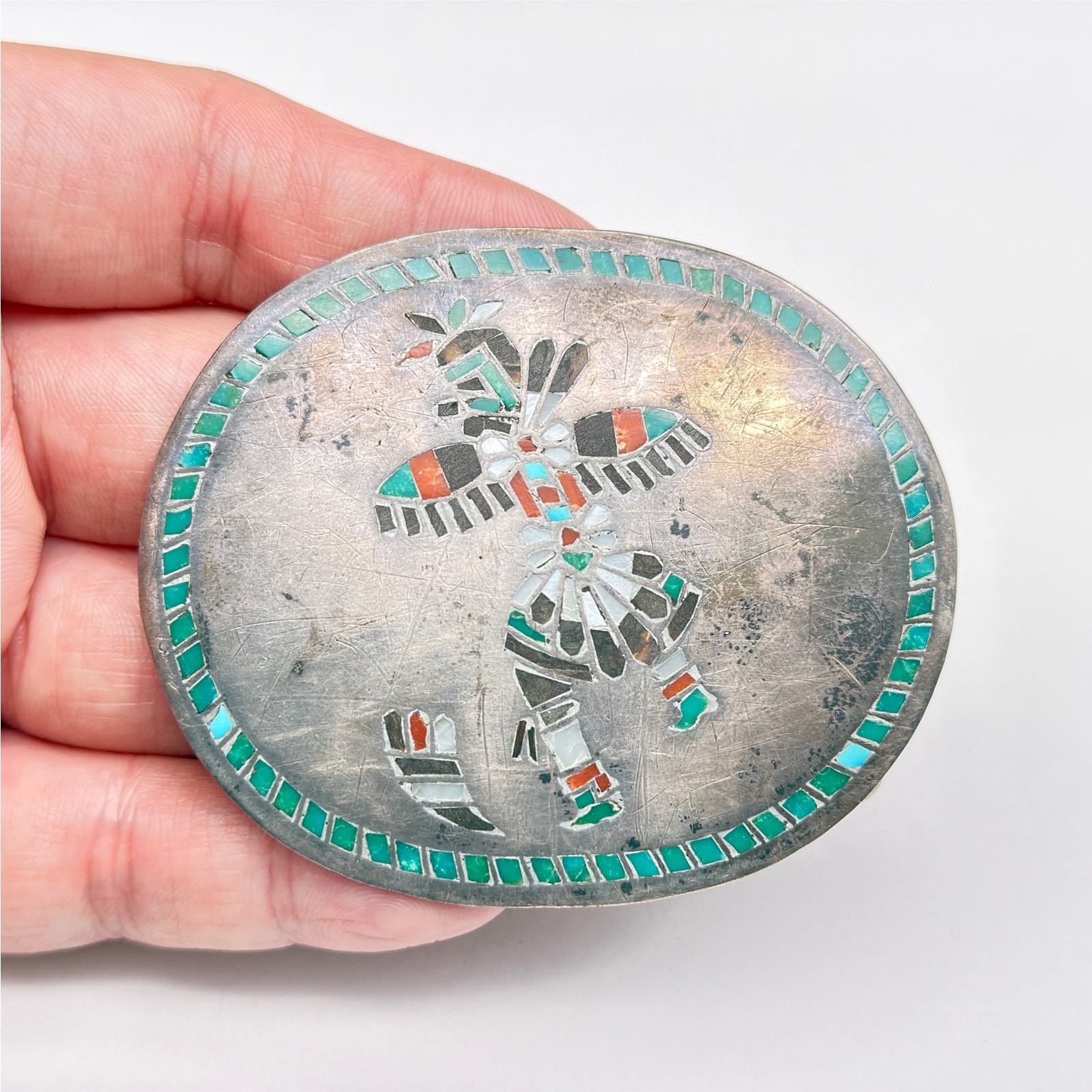 Vintage Zuni Native Frank Vacit Turquoise Inlay Dancer Silver Belt Buckle 1.375\
