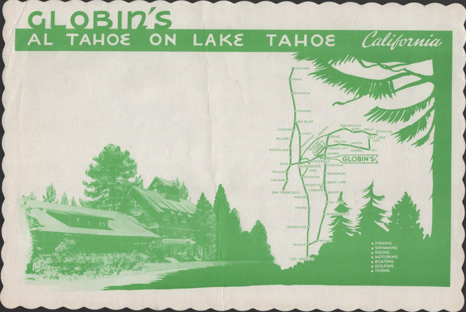 1960s LAKE TAHOE, CALIFORNIA vintage paper placemat and map HOTEL GLOBIN\'S