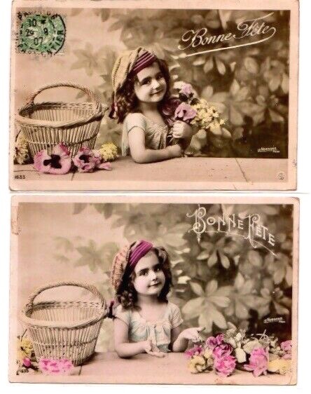 RPPC 2 Hand Tinted Greetings Girl Flowers Basket Cap Studio Pose P.U.(181A)
