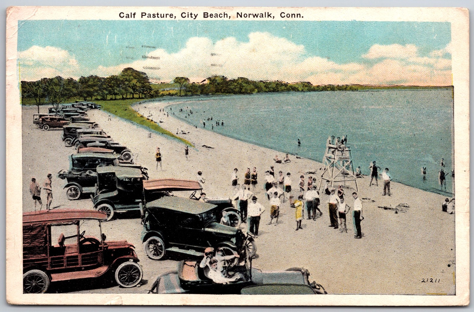 Vintage Postcard Calf Pasture City Beach Cars & Lifeguard Tower Norwalk Conn