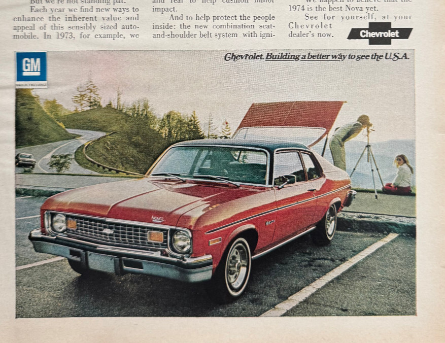 1974 Chevrolet Chevy Nova Red Car Automobile See the USA Vintage Print Ad 1973