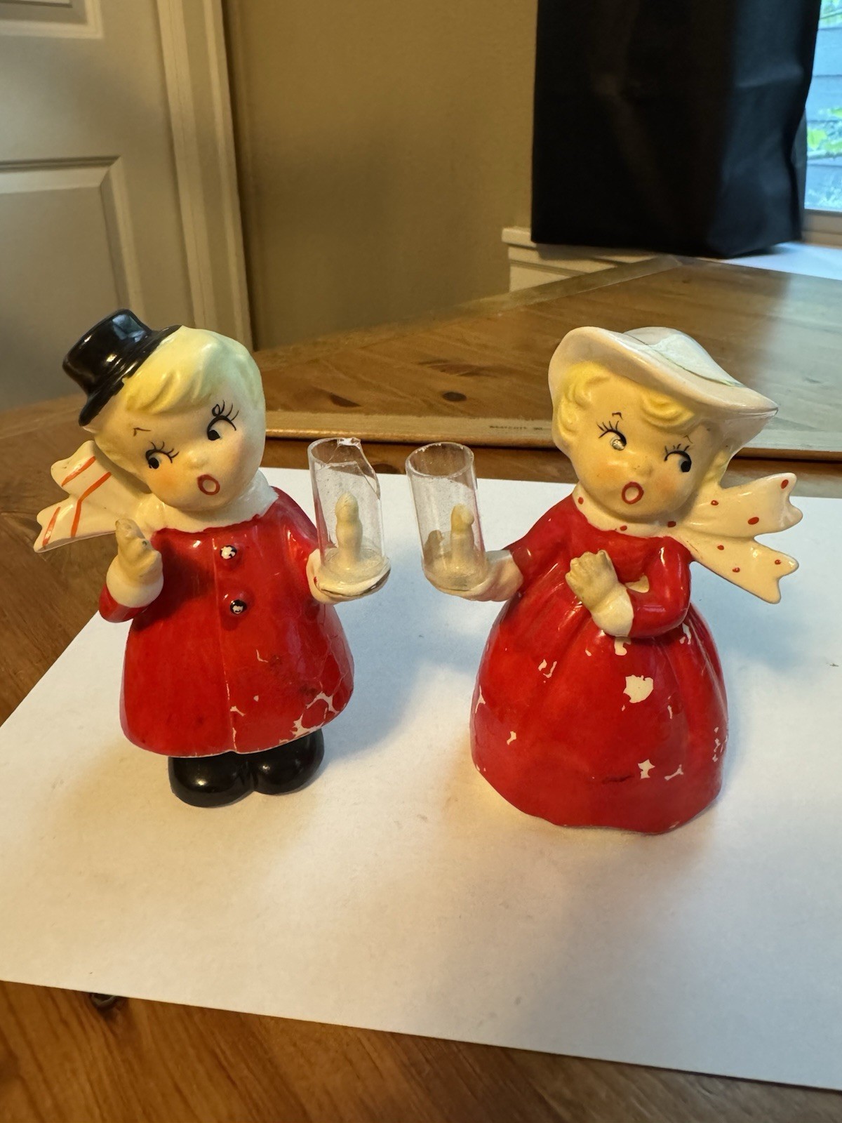 Vintage Lefton? Japan Ceramic Christmas Boy And Girl With Candlesticks