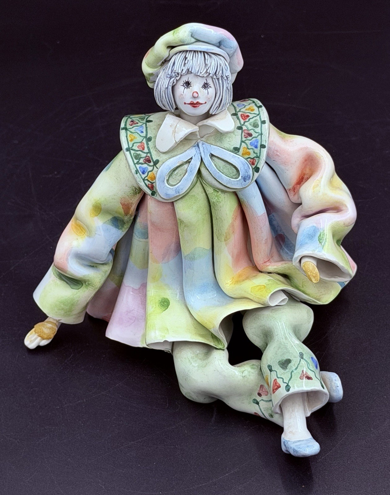 Vintage Gumps Italy Porcelain Pierrot Clown Figurine Signed Pastel Harlequin 6”