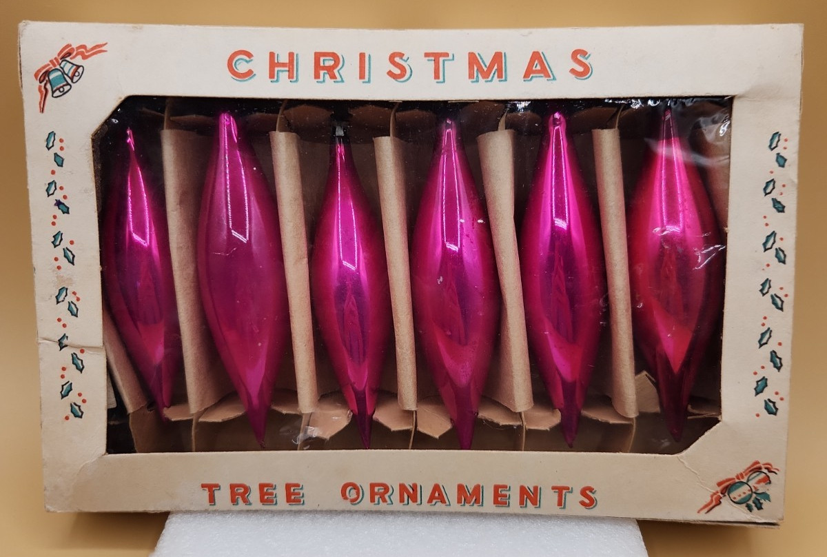 ATOMIC MCM Vintage 6 Poland HOT PINK /CERISE Icicle Teardrop Christmas Ornaments