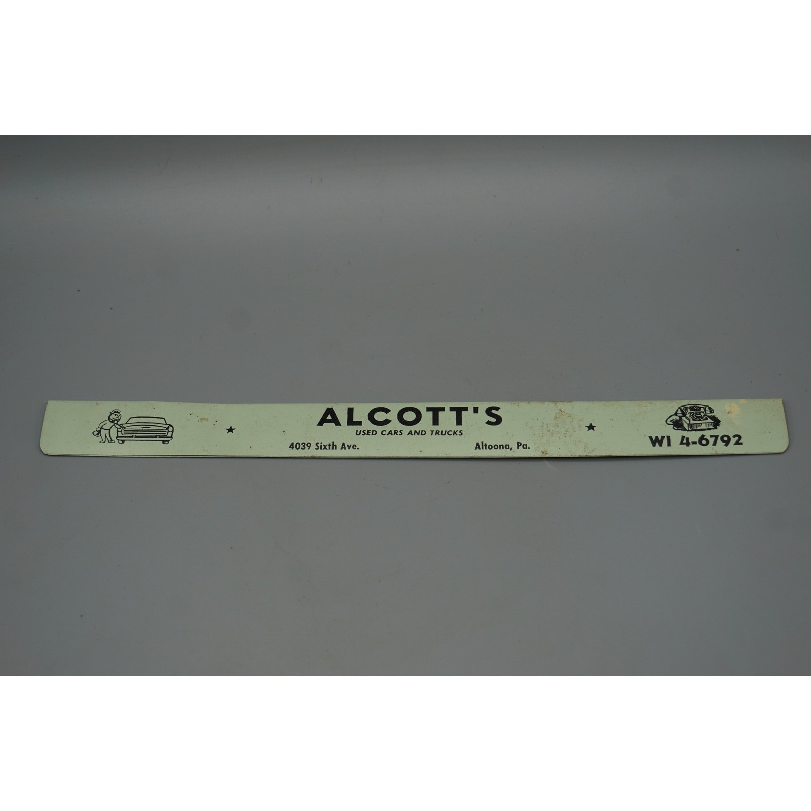 Vintage Altoona PA Advertising Sign Strip Alcott's Used Cars Rite-Way TV 11 Inch