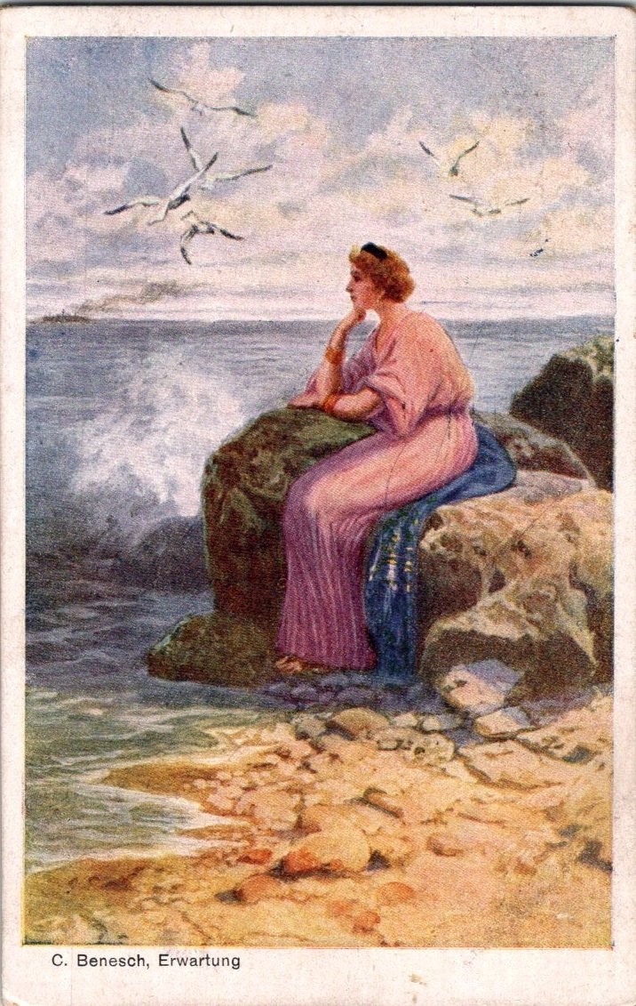 C. Benesch Erwartung Woman by Sea WWI Feldpost Postcard 1917 Vienna