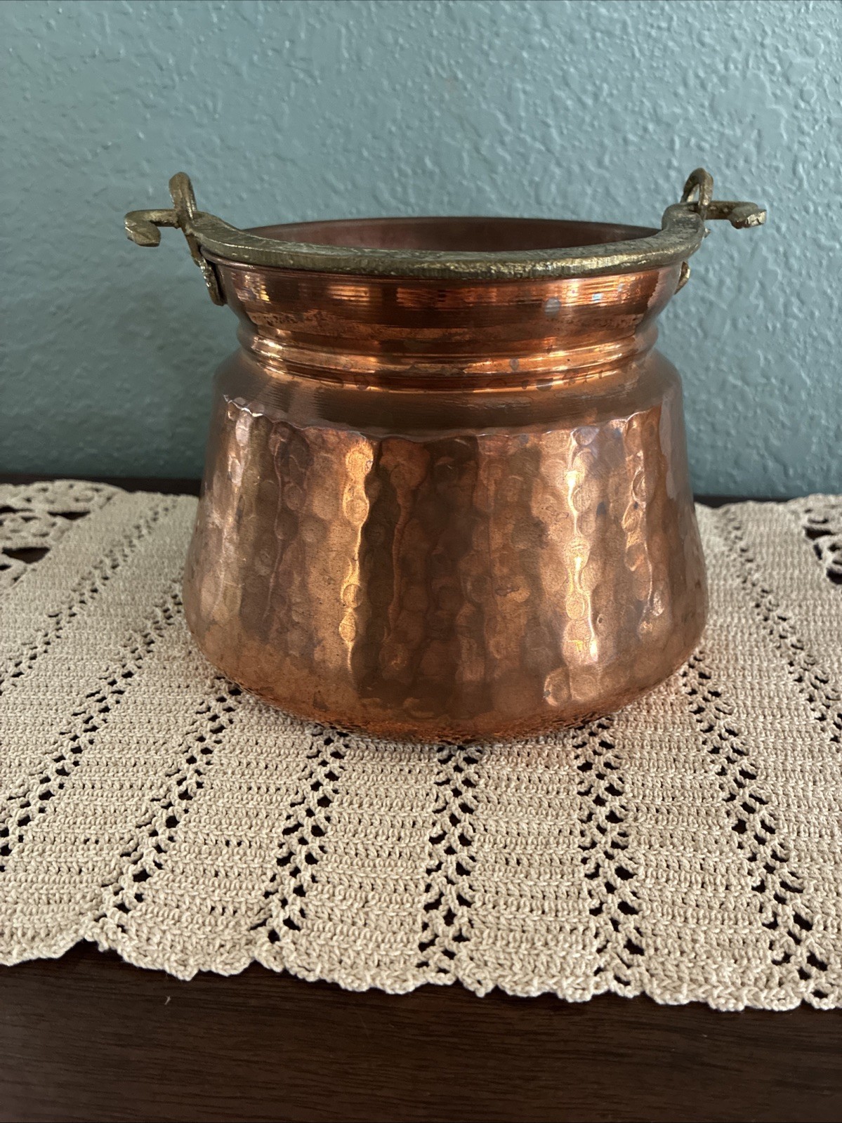 Vintage Turkish Hammered Copper Pot Brass Handle Houston Intl Trading
