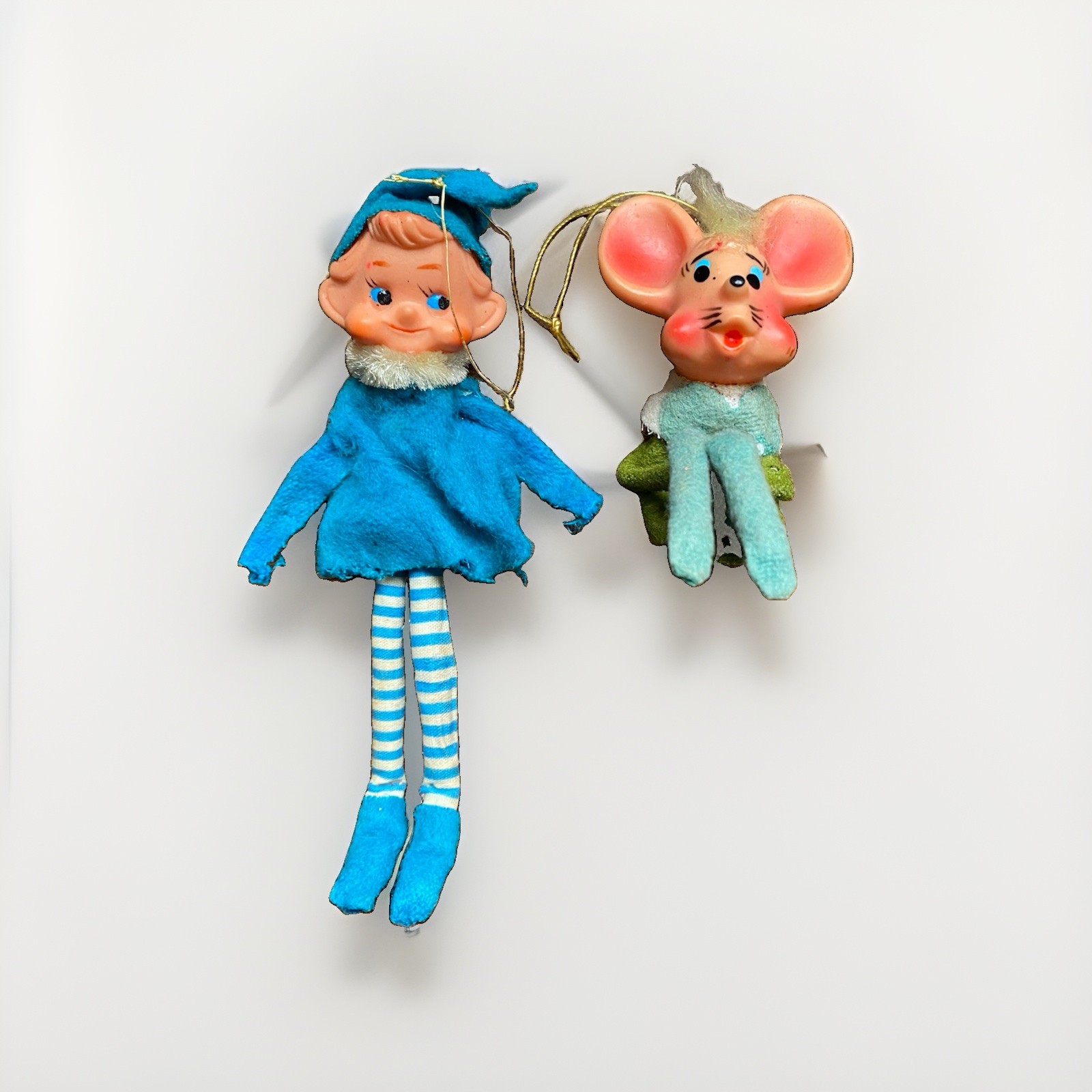 Vintage Elf & Mouse Christmas Ornaments Knee Hugger Mouse & Blue Elf