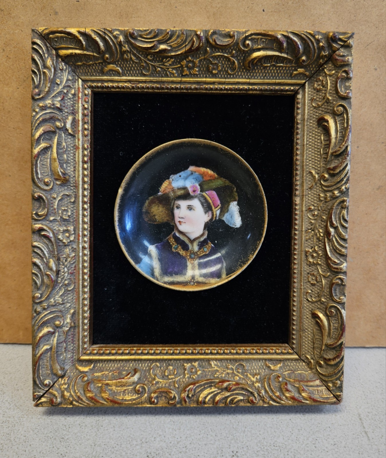 Antique Framed Miniature Hand Painted Porcelain Plaque Plate of a Boy