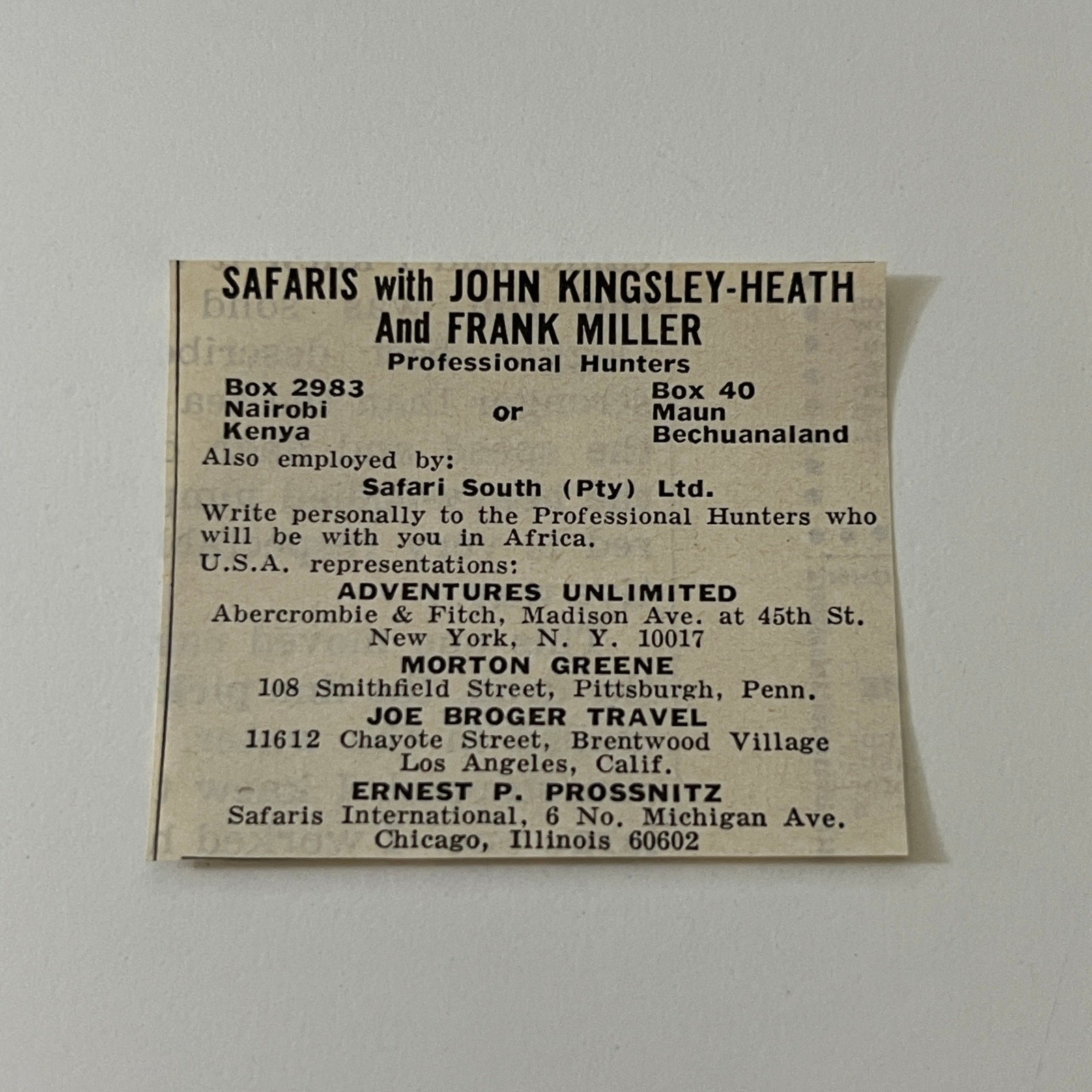 Safaris with John Kingsley Heath Frank Miller Nairobi 1966 Magazine Ad SAH3-S11