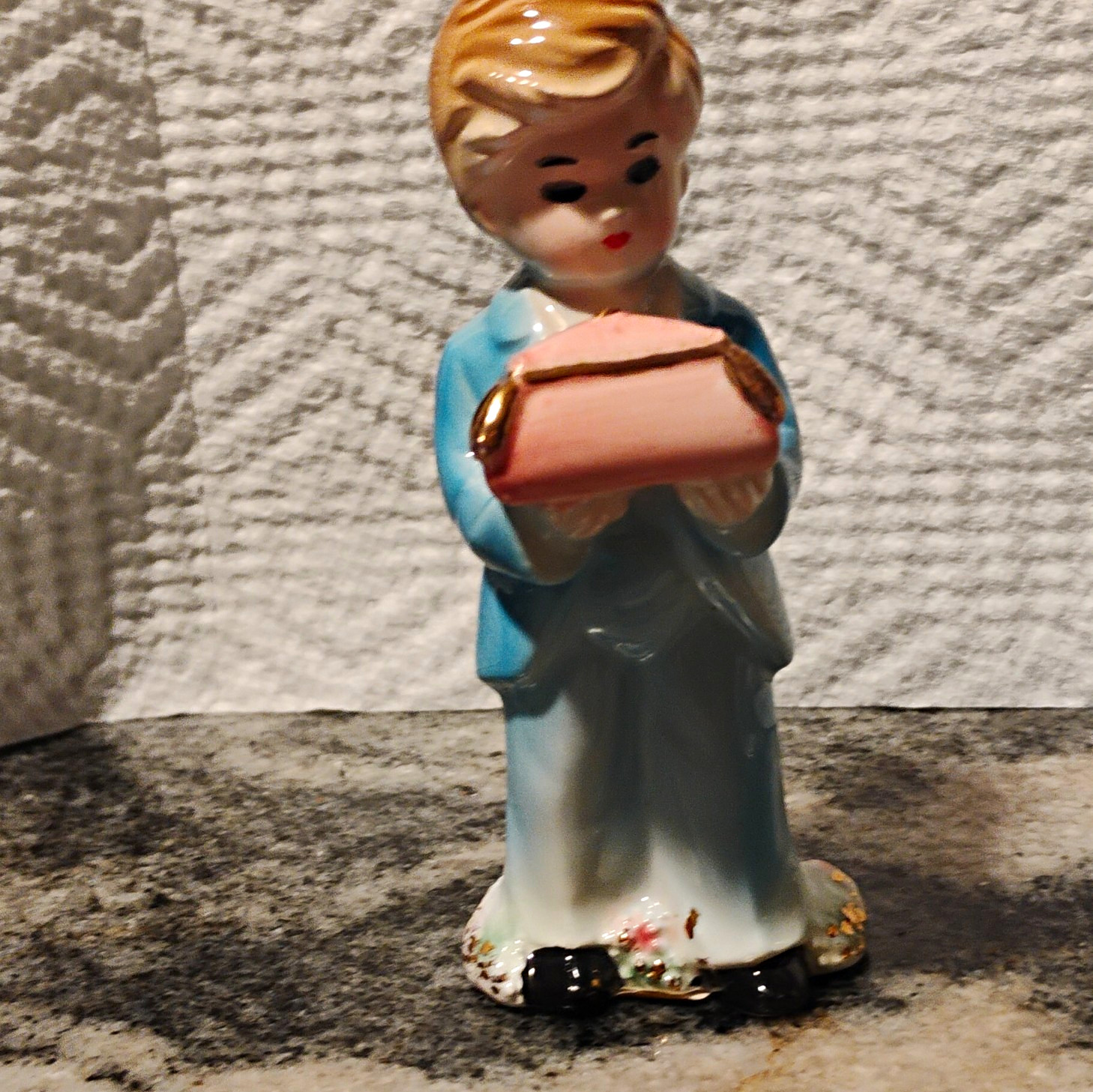 Josef Originals Hand Painted Glazed Ceramic Boy Figurine Holding Pink Book