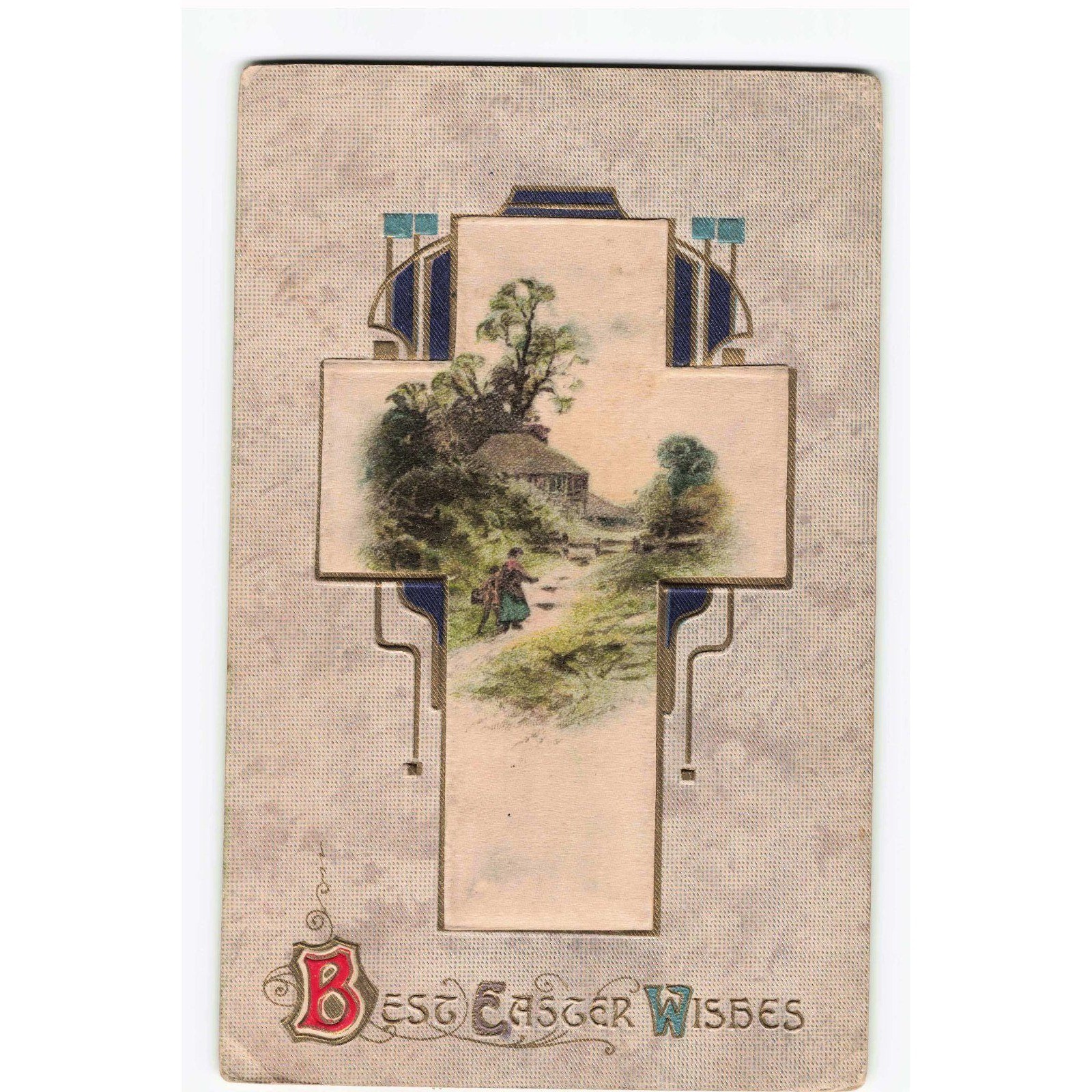 Vintage 1910 Best Easter Wishes Embossed Cross Postcard Printed in Germany