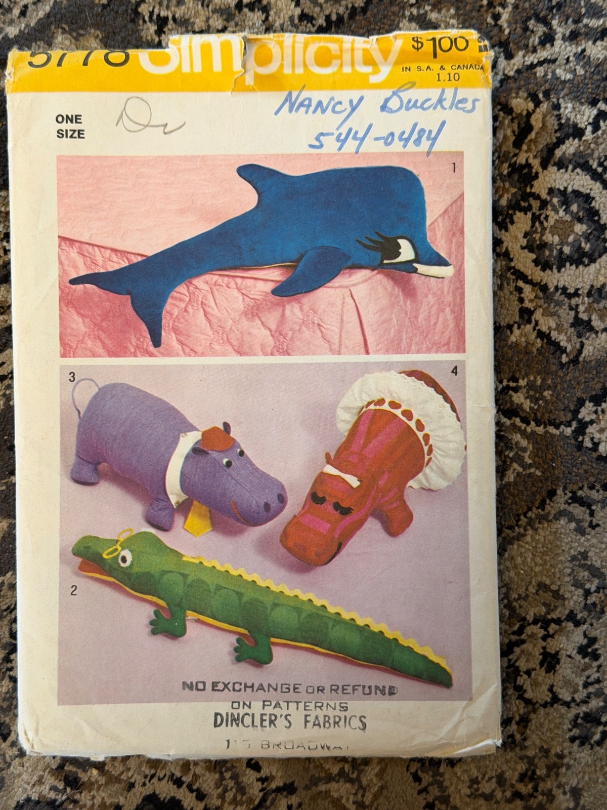 Vintage SIMPLICITY Sewing Pattern  5778 Factory Folded  Animals