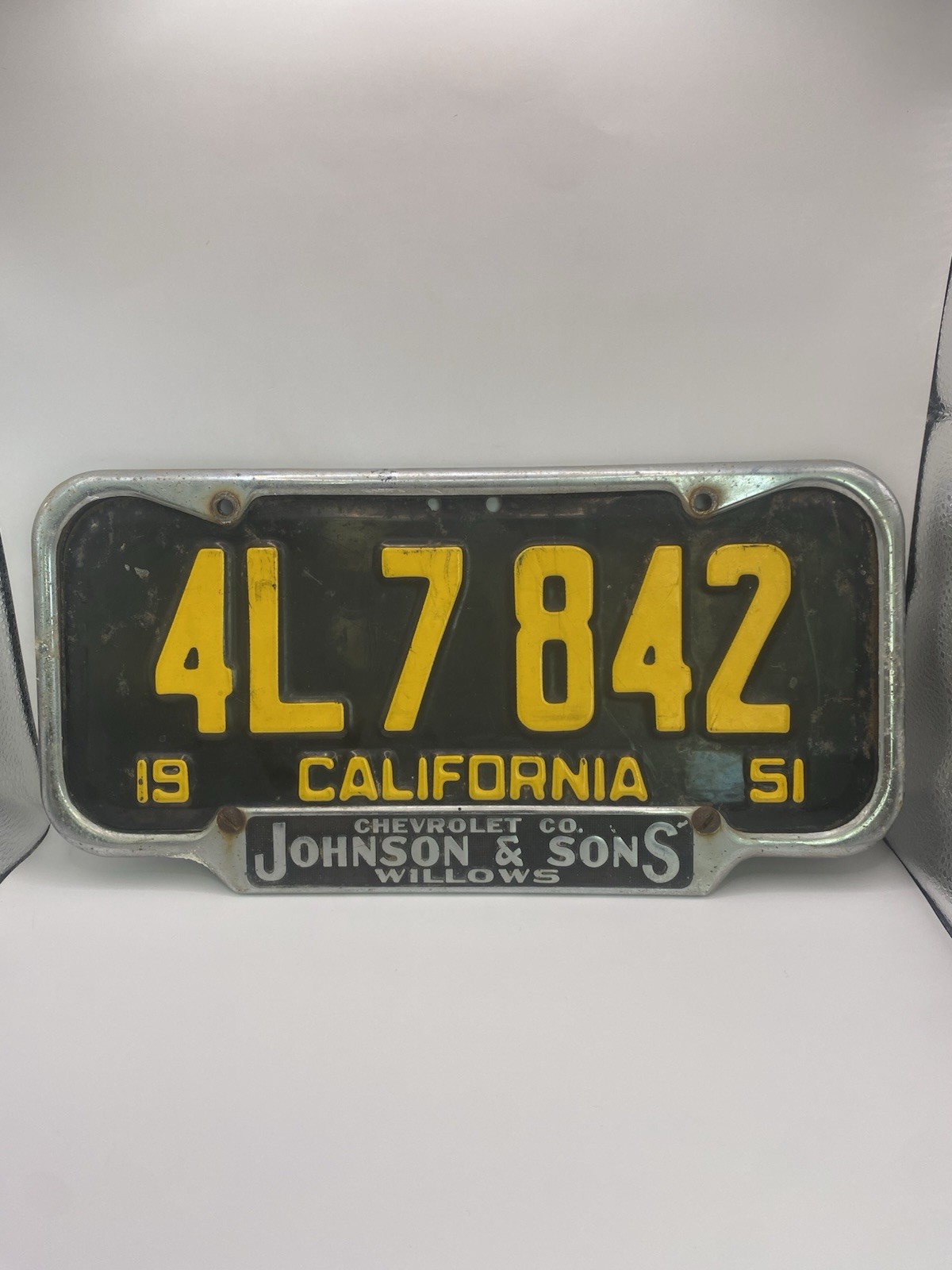 RARE 1950’s Willows California Johnson & Sons Chevrolet Co Dealer Frame Plate