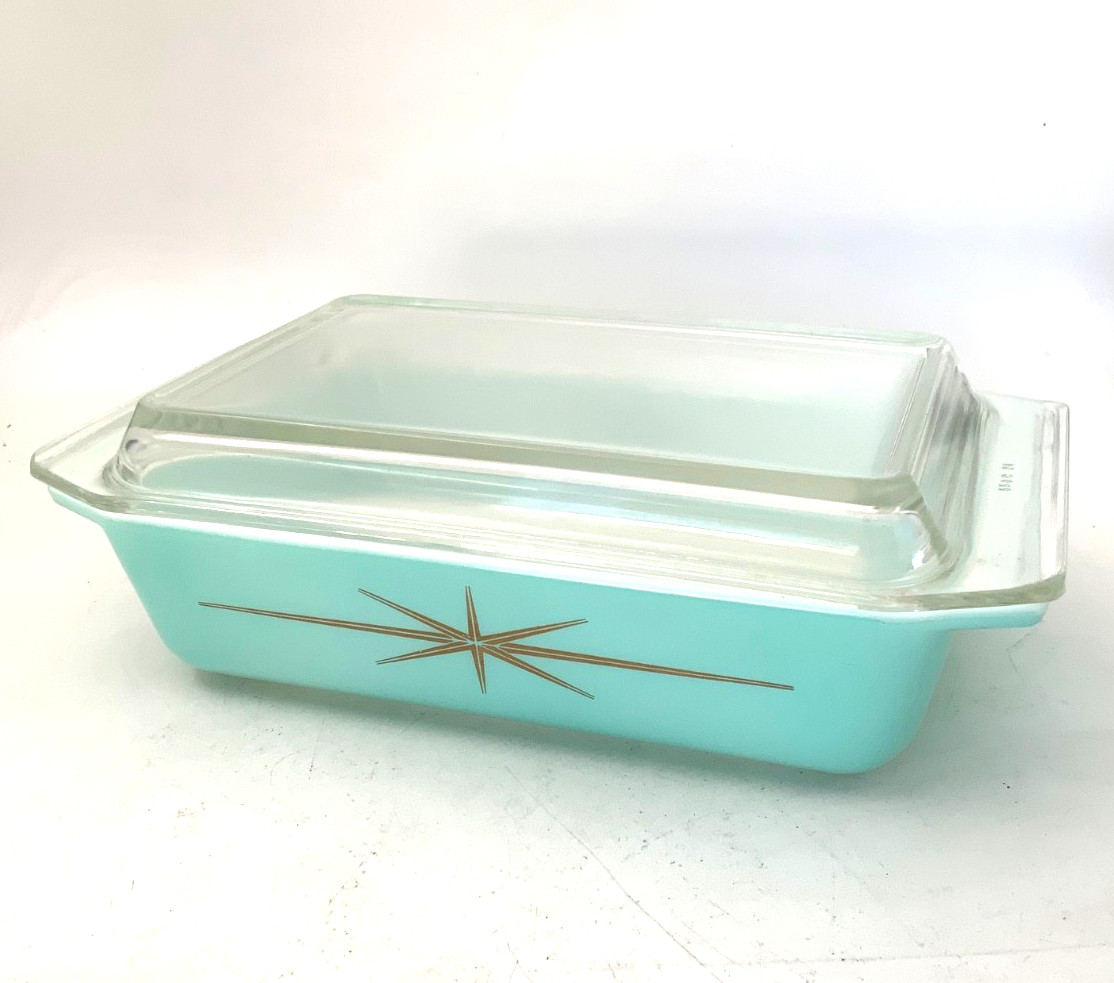 Pyrex Atomic Starburst Turquoise Blue 2 QT Casserole Dish W/Lid. 575-B Near Mint