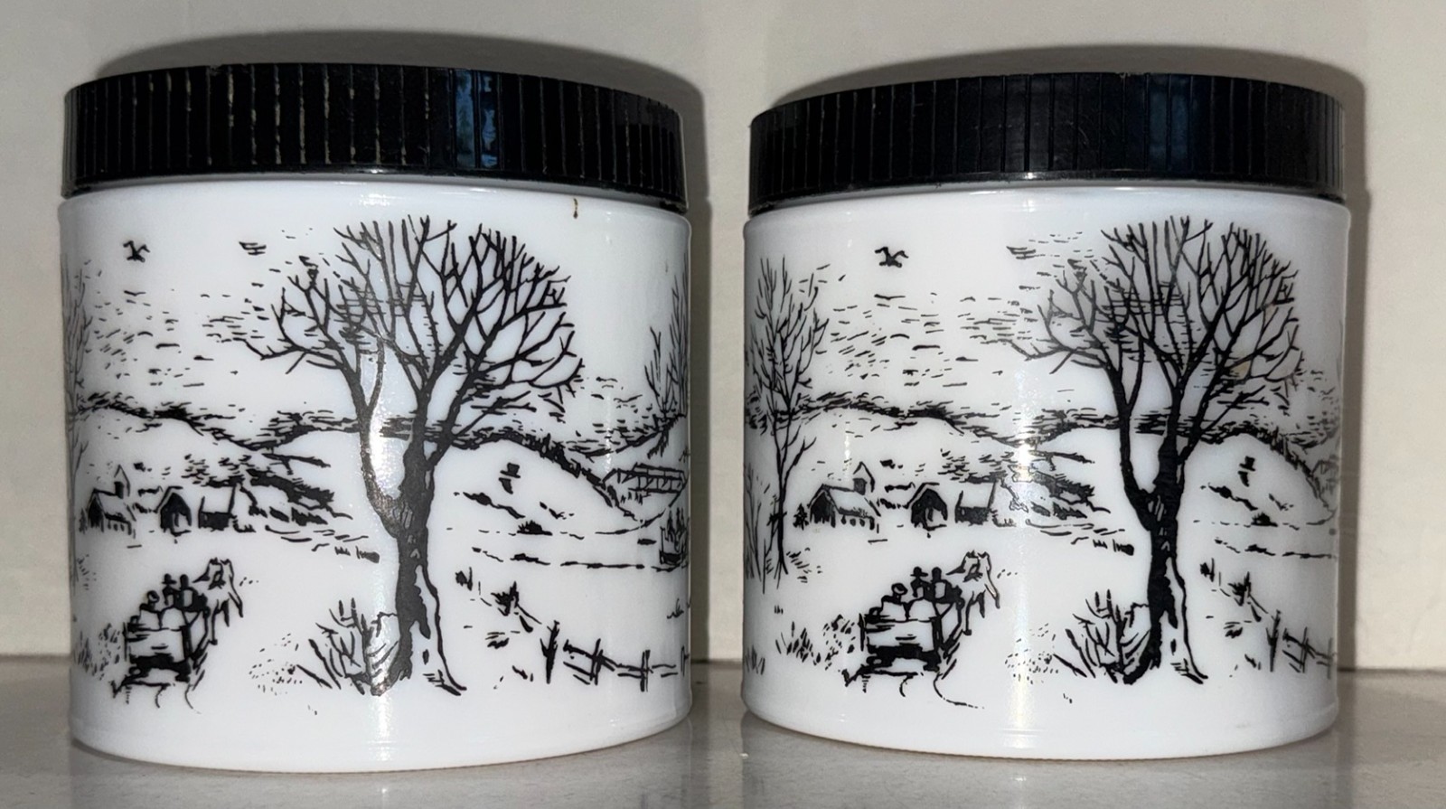 VTG set of 2 1960s Maxwell House White Milk Glass Coffee Canister Winter Scenes