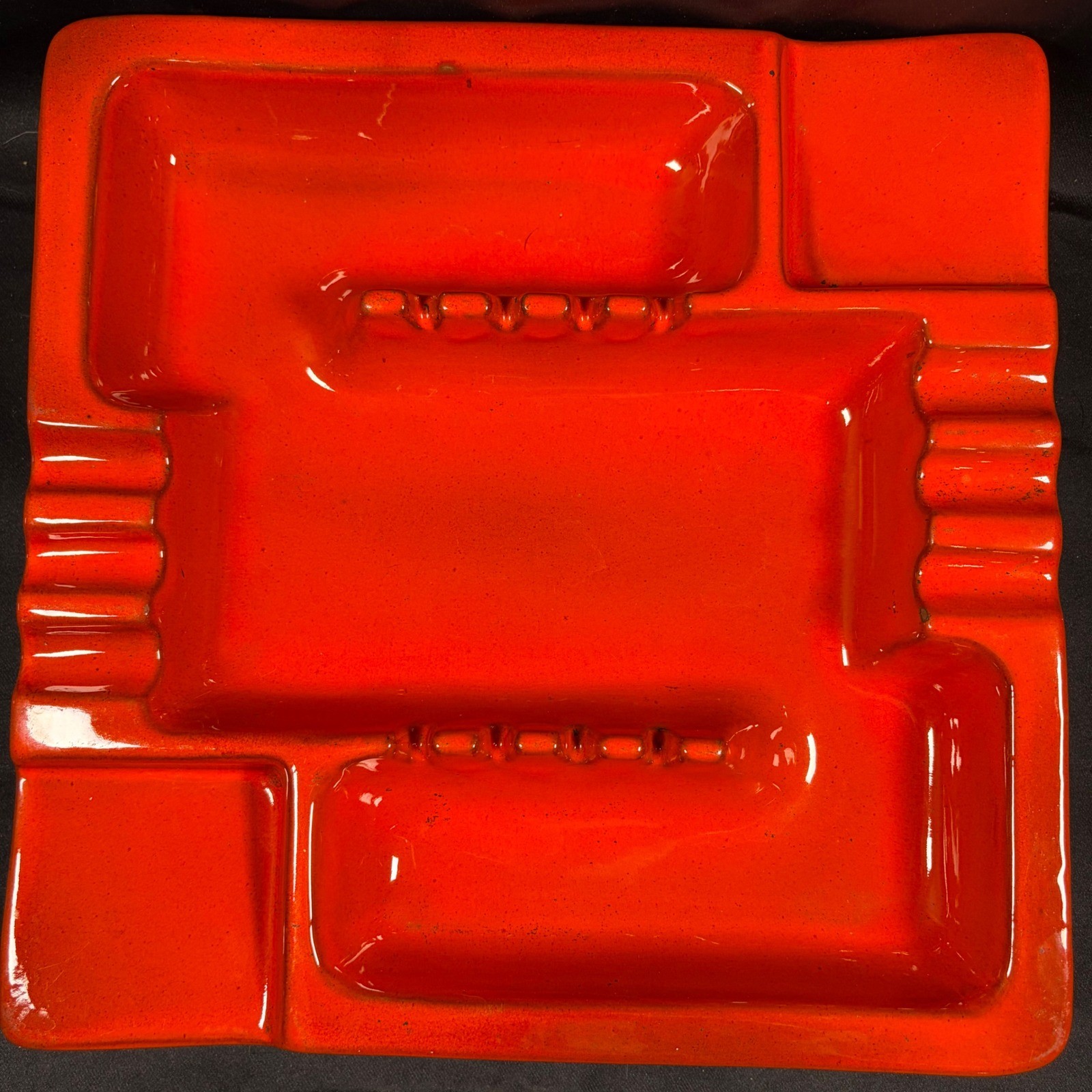 Frankoma 464 Large Square Ashtray Flame Orange Glaze Mid Century Modern Ceramic