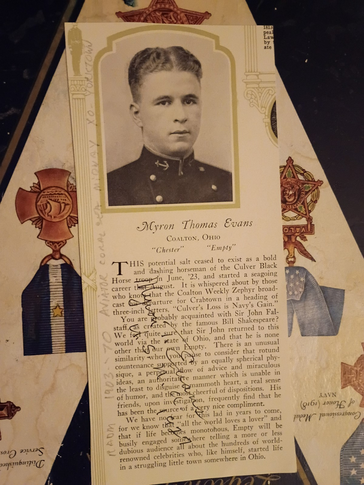RADM MYRON T. EVANS Coral Sea Midway USS Yorktown Pilot Signed 1927 USNA Photo