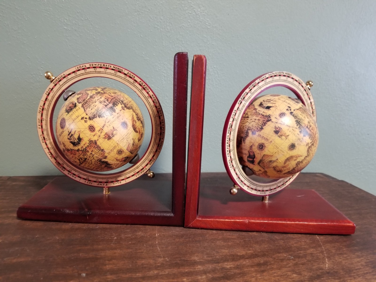 Vintage Spinning World Globe Wooden Bookends.