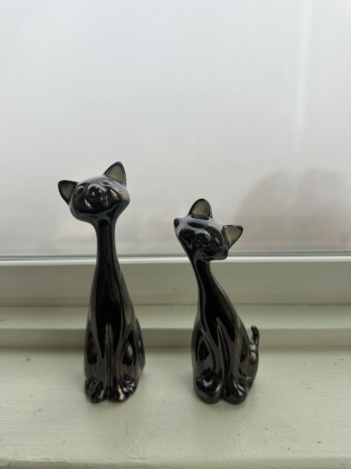 MCM Long Neck Ceramic Black Siamese Cat Figurine Pair 5” tall