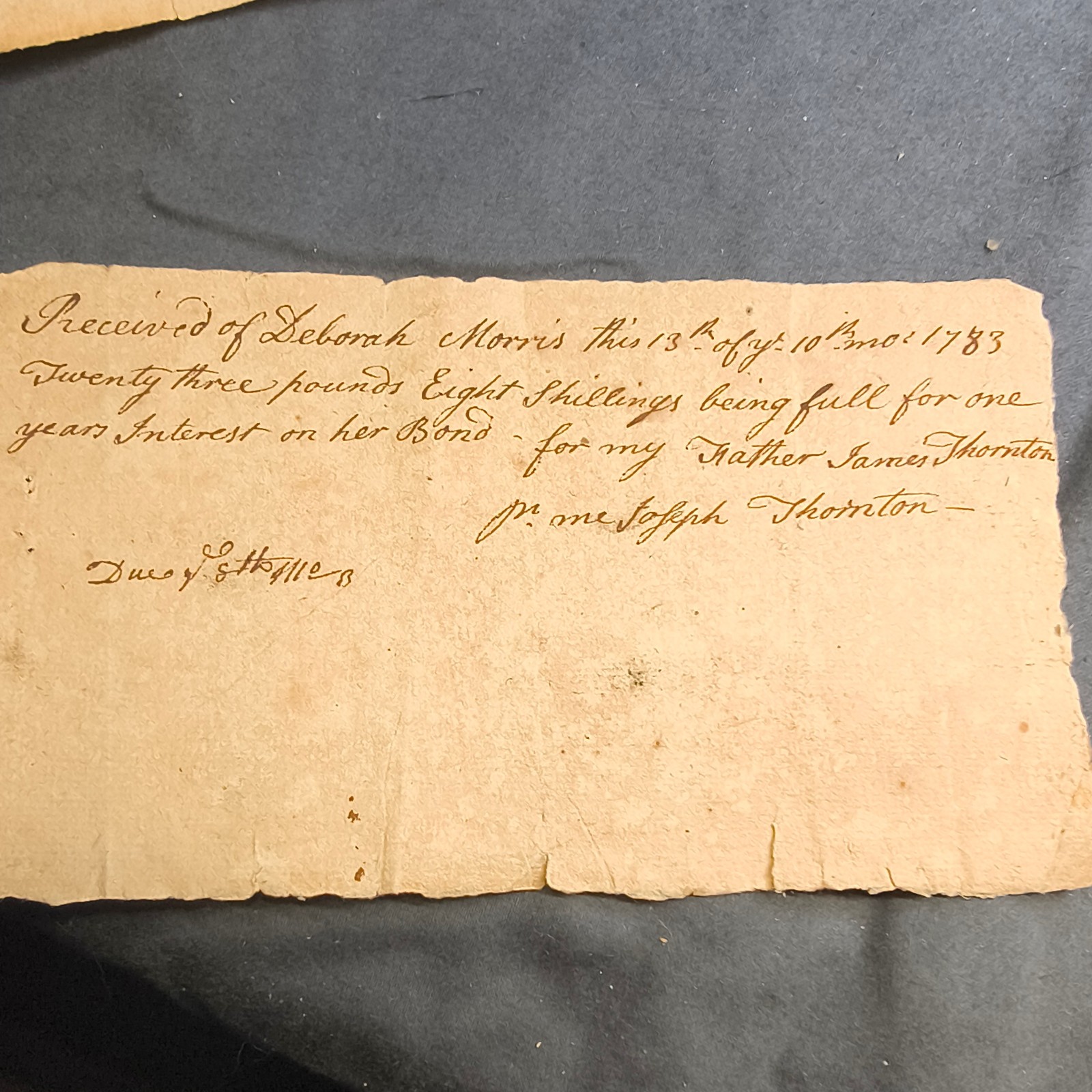 1783 Philadelphia Quaker Receipt Joseph Thornton for Thornton to Deborah Morris