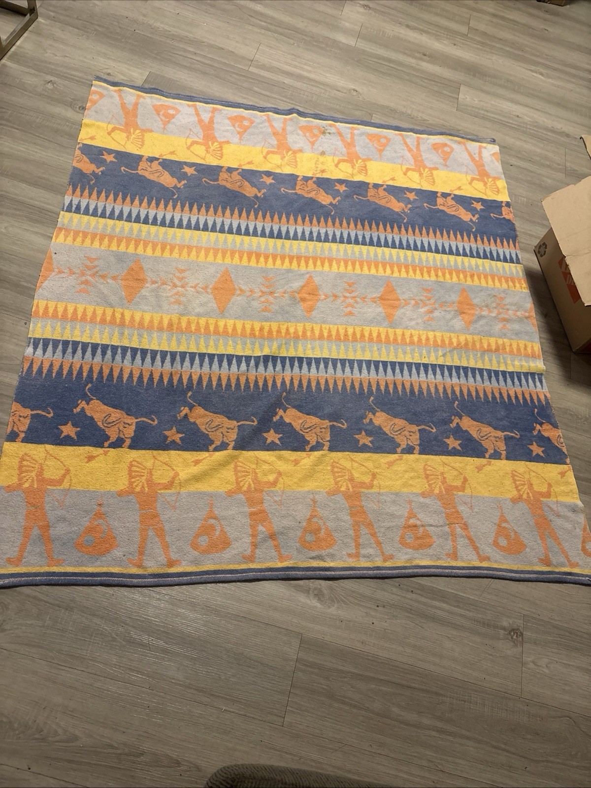 Vintage 1950s Multicolor Camp Blanket Mid-Century Western Buffalo Native Motif