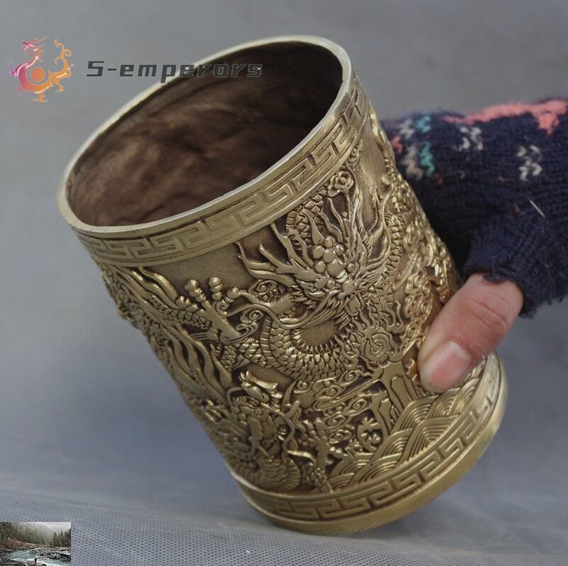 Marked old Chinese brass Buddhism auspicious Dragon statue Brush Pot pencil vase