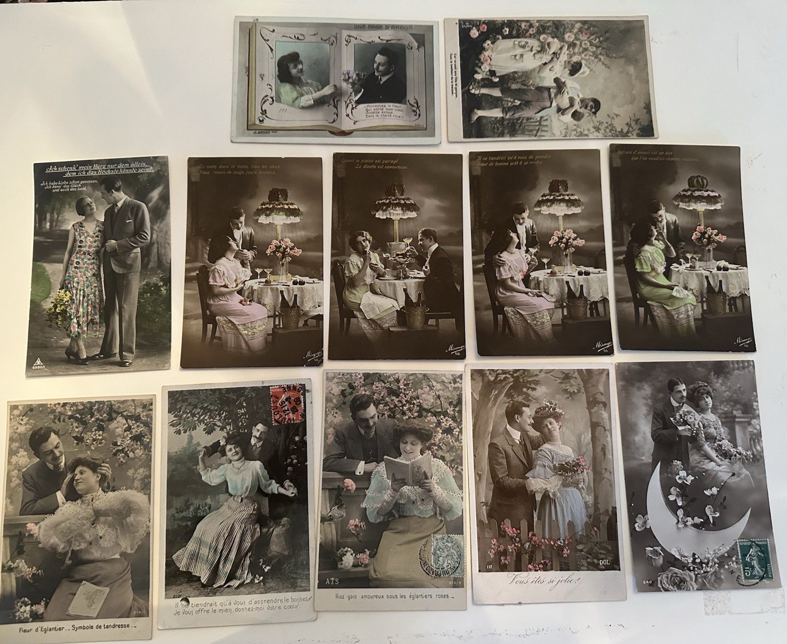Lot 12 Vintage RPPC French Hand painted Postcards - COUPLES