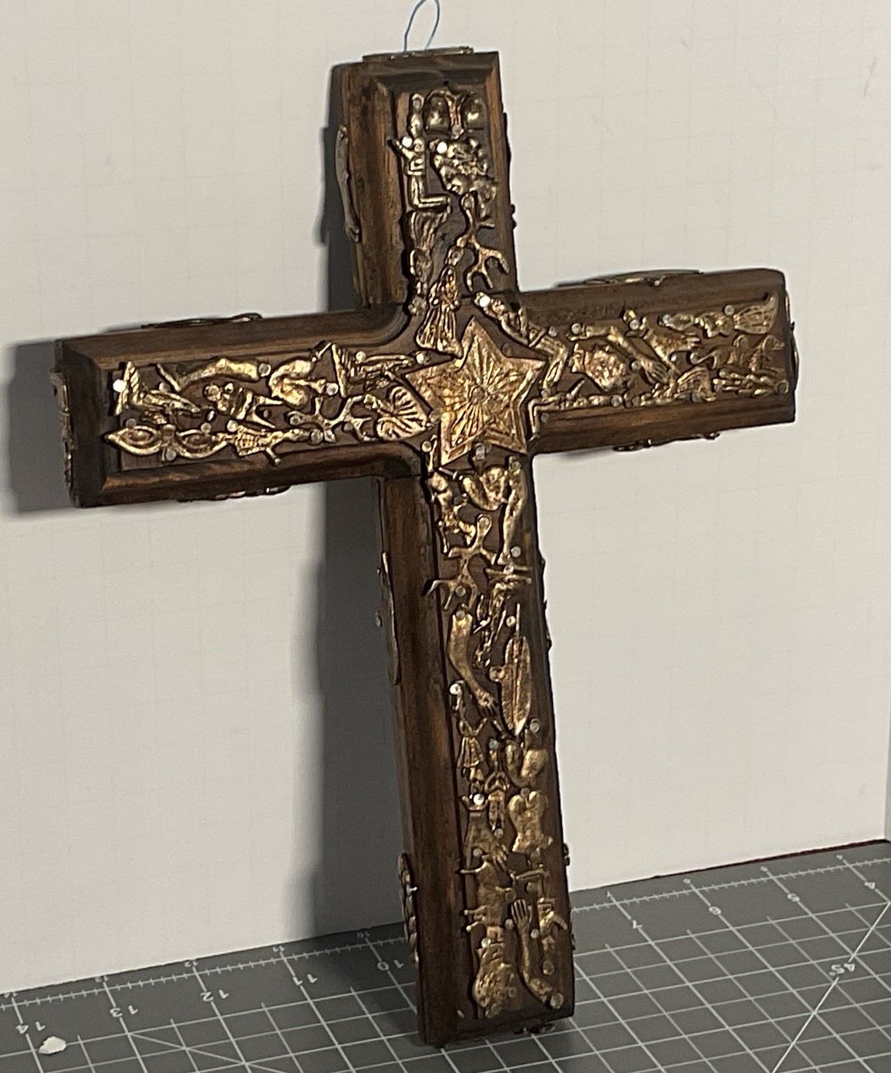 Vintage Large Mexican Milagro Cross Wood Brass Metal Charms Hecho A Mano 12”
