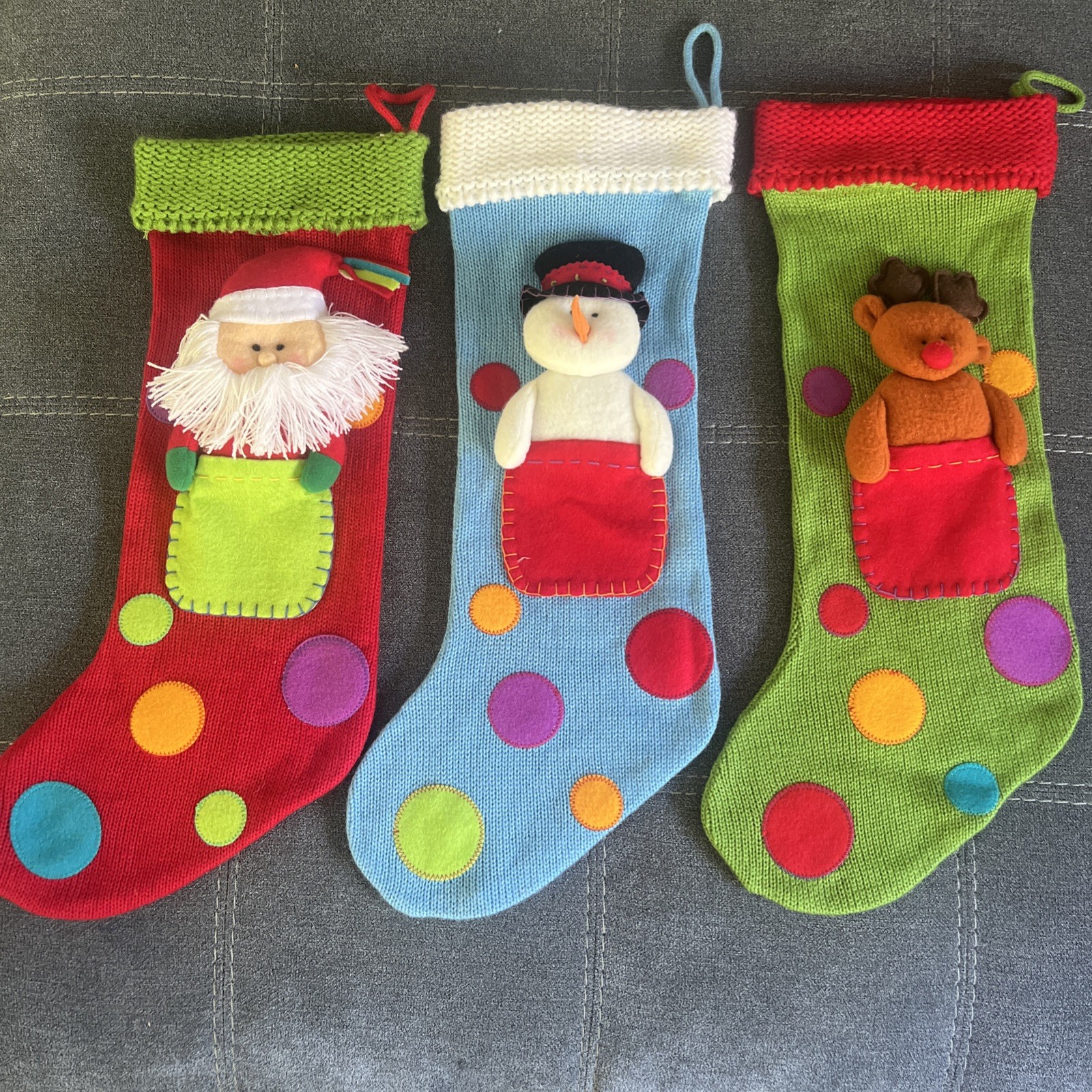 Vintage Russ Berrie Knit Christmas Stockings (3) Santa Reindeer Snowman 20”