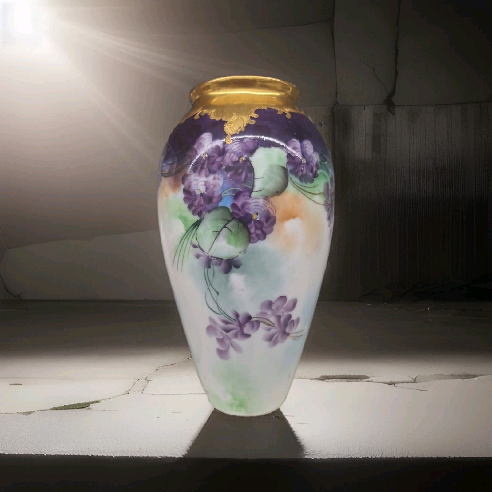 Vintage Limoges Hand Painted Porcelain Vase Purple Violets & Gold Signed Suken