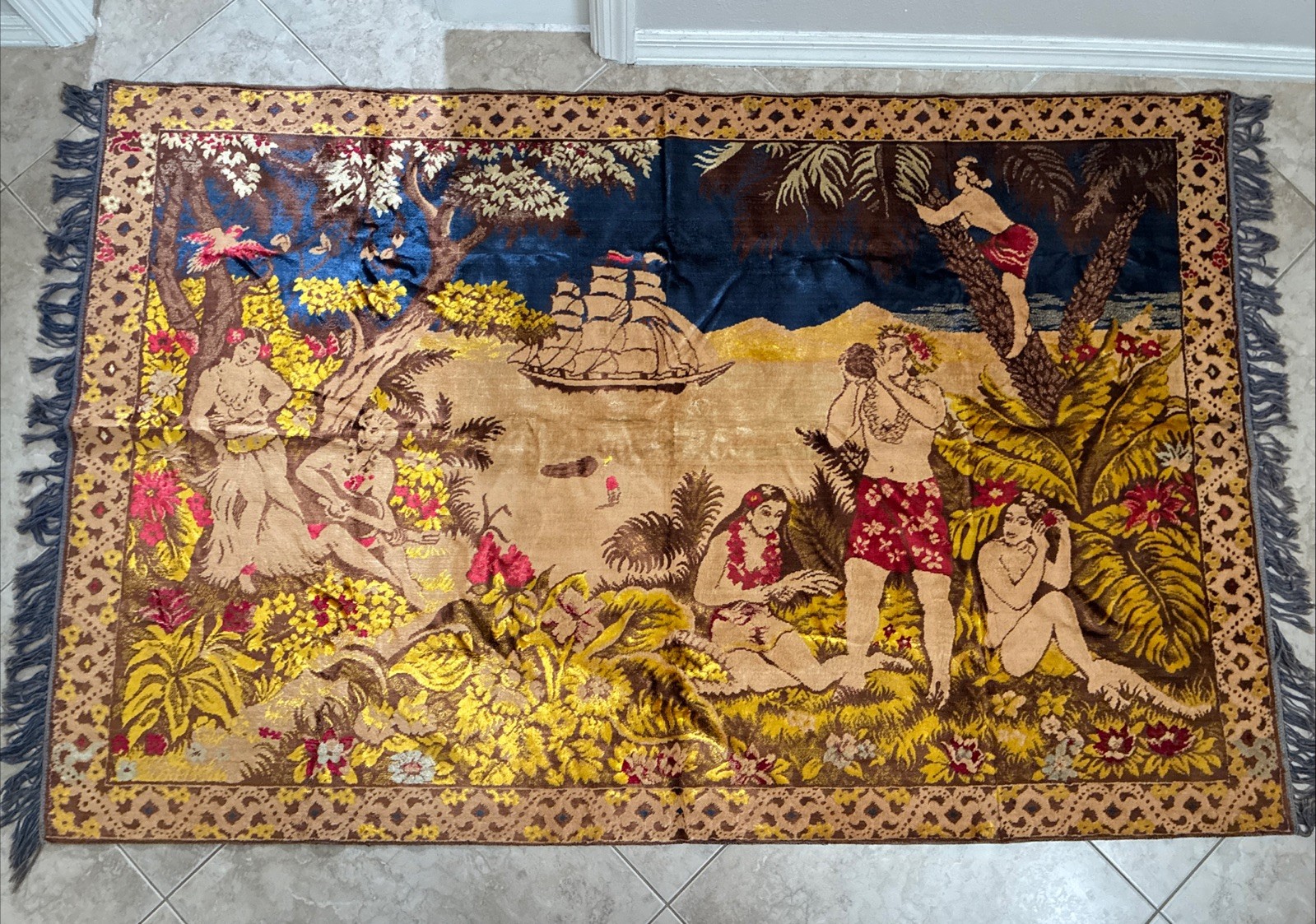 Rare Mid-Century 60’s Velvet Polynesian Hawaiian Wall Tapestry Rug Tiki 71”x46”